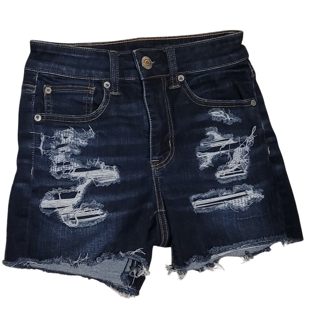 American Eagle Womens Hi-Rise Shortie Dark Wash Distressed Jean Shorts Size 00